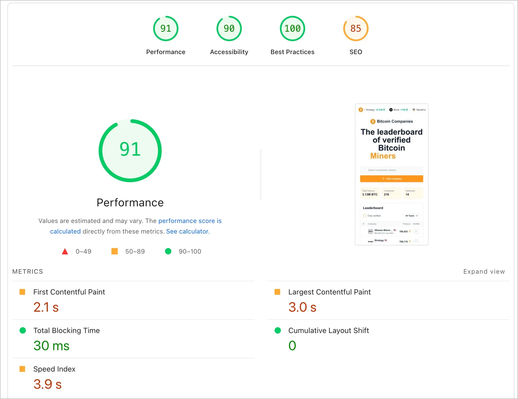 PageSpeed mobile score showing 91 performance
